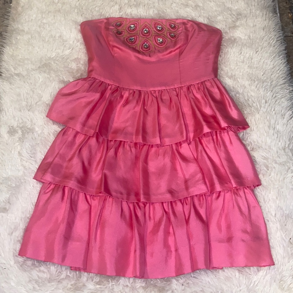 Lilly Pulitzer size 4 strapless dress hot pink beadwork so cute